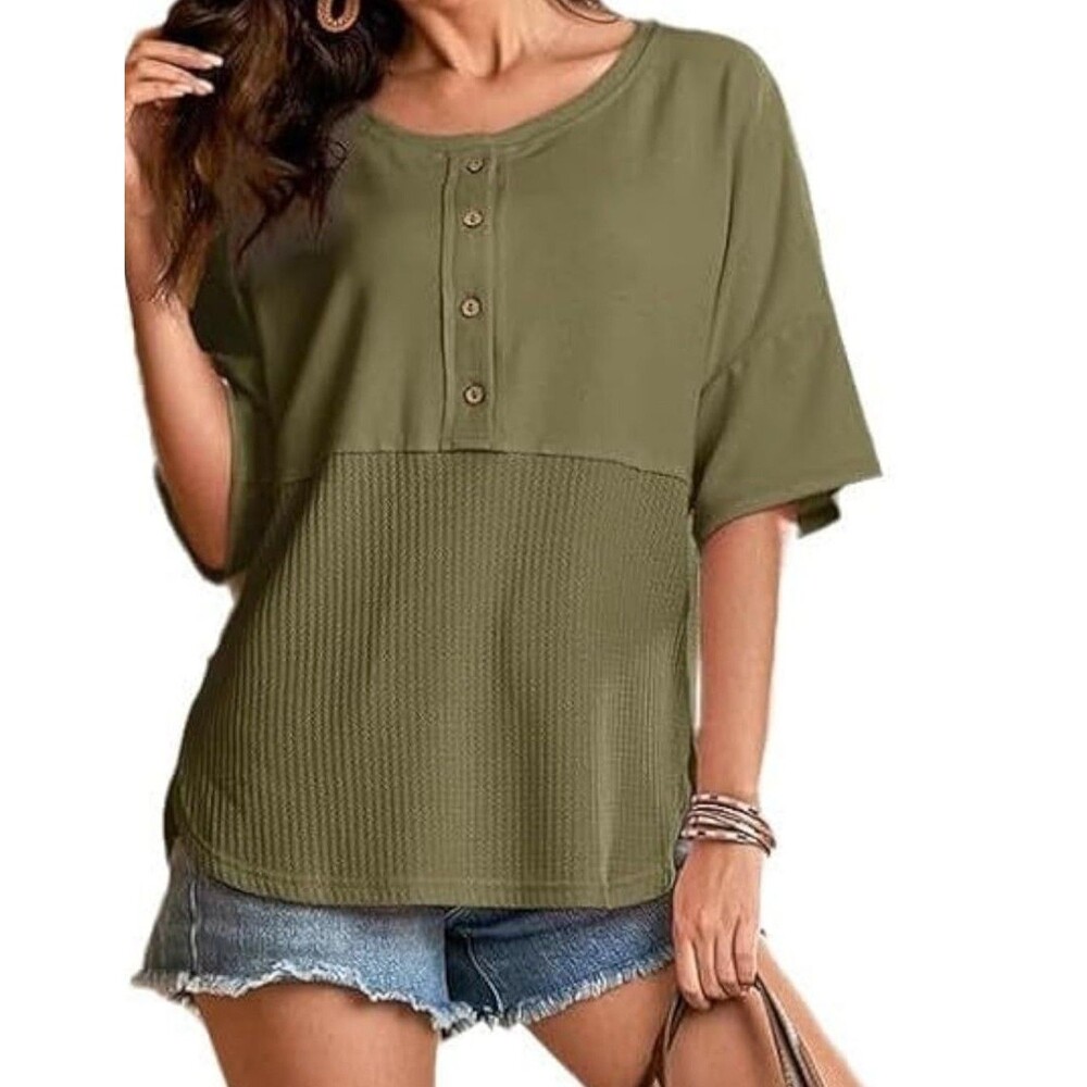 Button-Front Olive Short Sleeve Knit-Paneled Top